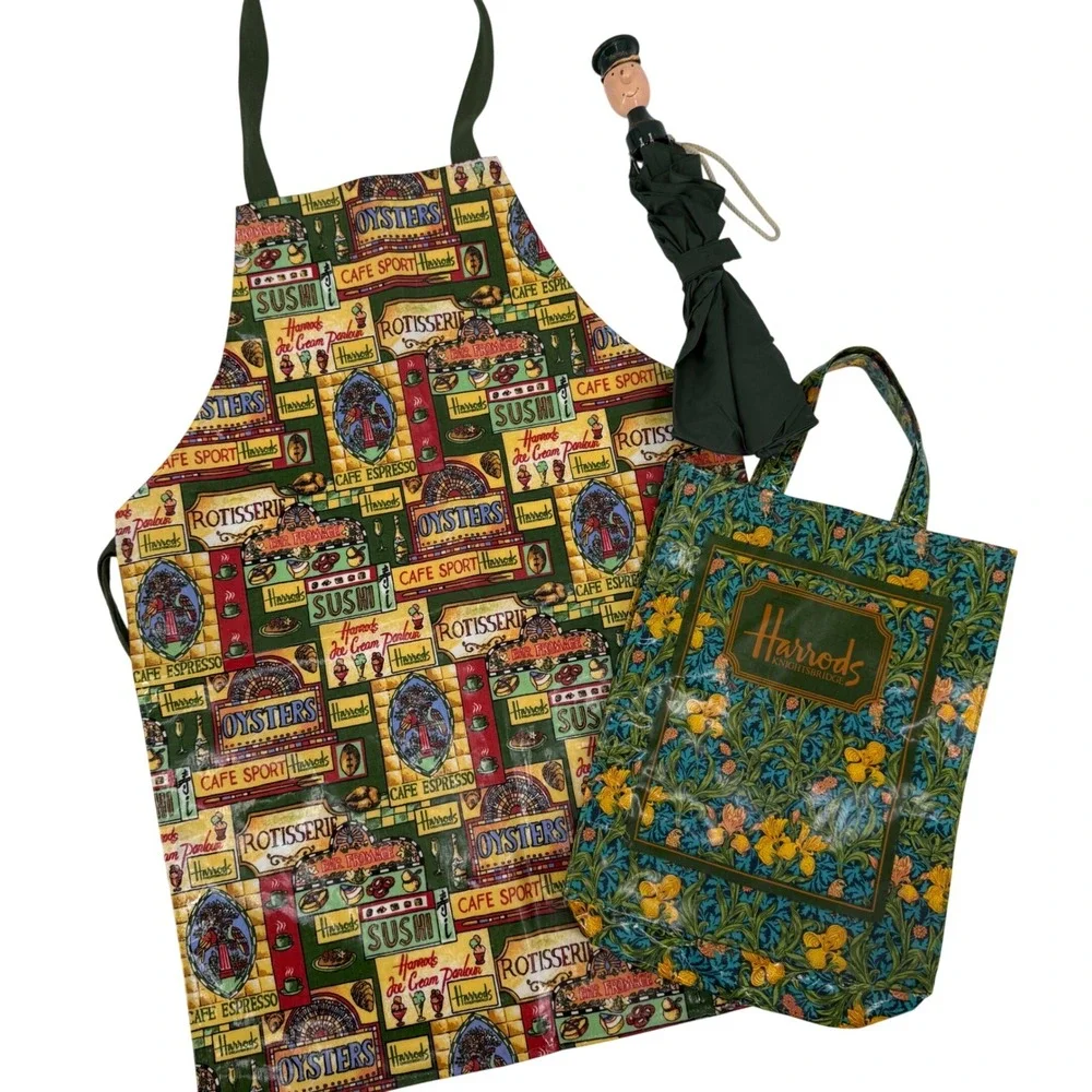 Vintage Harrods Bundle Apron Tote Bag Novelty Doorman Umbrella Green England UK